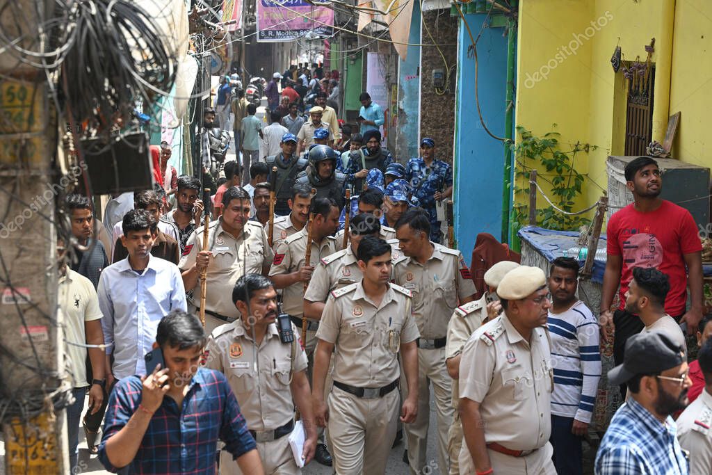NEW DELHI INDIA APRIL 18 2025 Heavy Police force have been deployed in the area after 17 year old boy was stabbed to death in Seelampur on April 18 2025 in New Delhi India A 17 year old boy was brutally stabbed to death in J Block of New Seelampur in