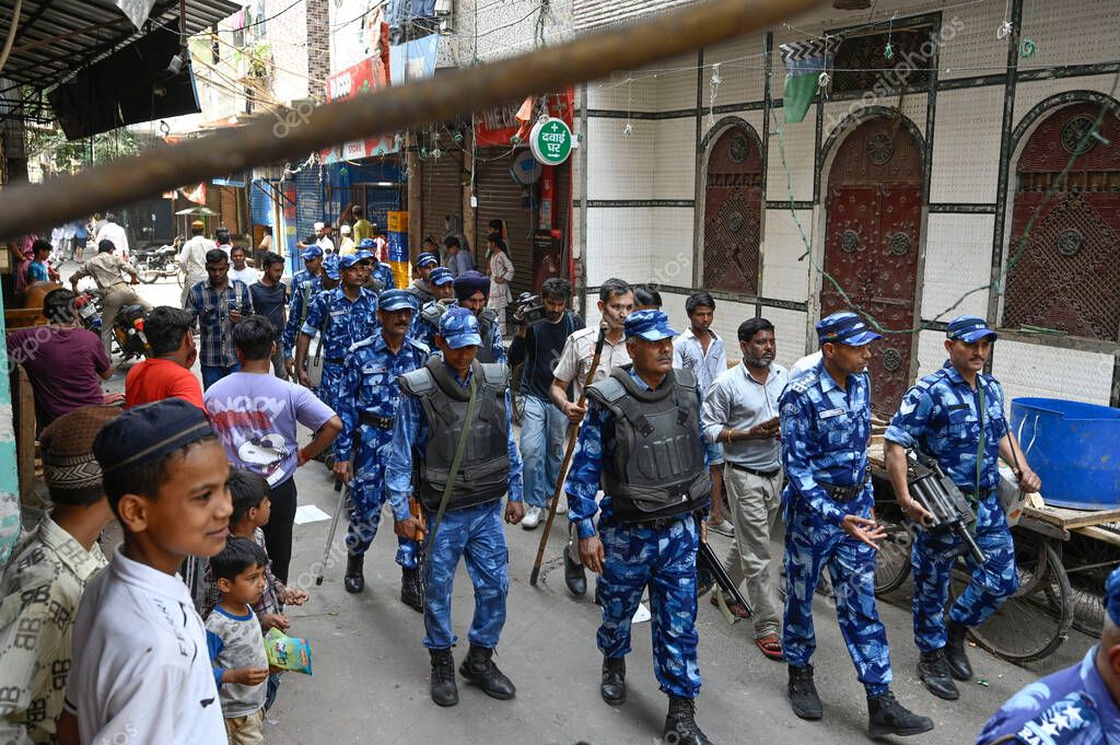 NEW DELHI INDIA APRIL 18 2025 Heavy Police force have been deployed in the area after 17 year old boy was stabbed to death in Seelampur on April 18 2025 in New Delhi India A 17 year old boy was brutally stabbed to death in J Block of New Seelampur in