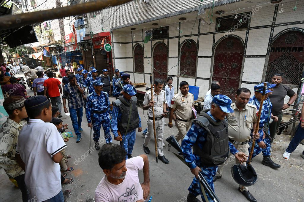 NEW DELHI INDIA APRIL 18 2025 Heavy Police force have been deployed in the area after 17 year old boy was stabbed to death in Seelampur on April 18 2025 in New Delhi India A 17 year old boy was brutally stabbed to death in J Block of New Seelampur in