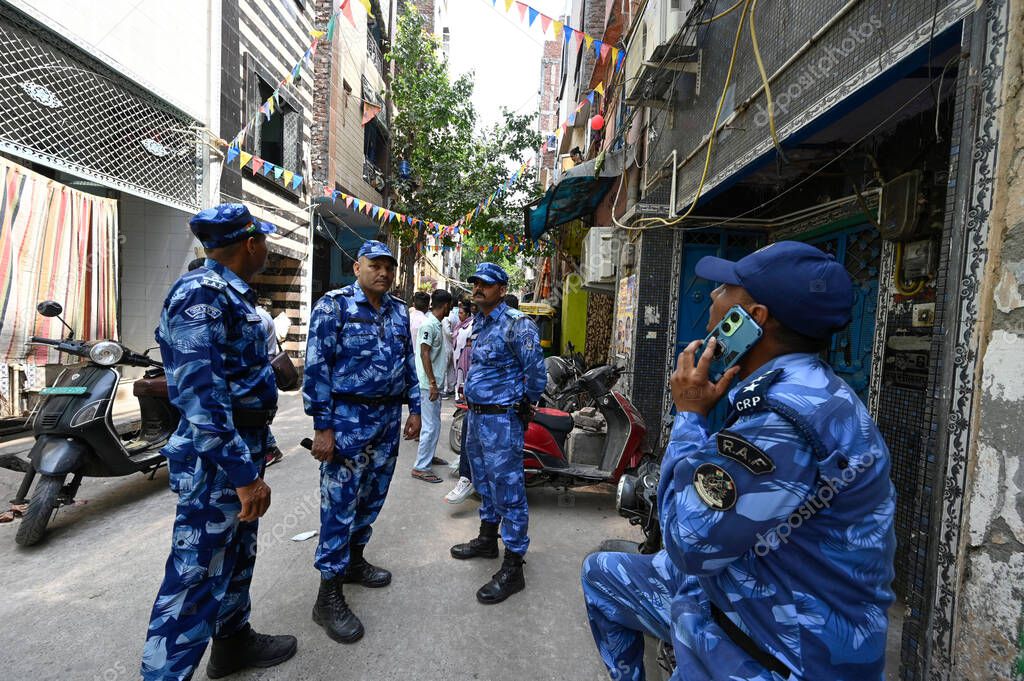 NEW DELHI INDIA APRIL 18 2025 Heavy Police force have been deployed in the area after 17 year old boy was stabbed to death in Seelampur on April 18 2025 in New Delhi India A 17 year old boy was brutally stabbed to death in J Block of New Seelampur in