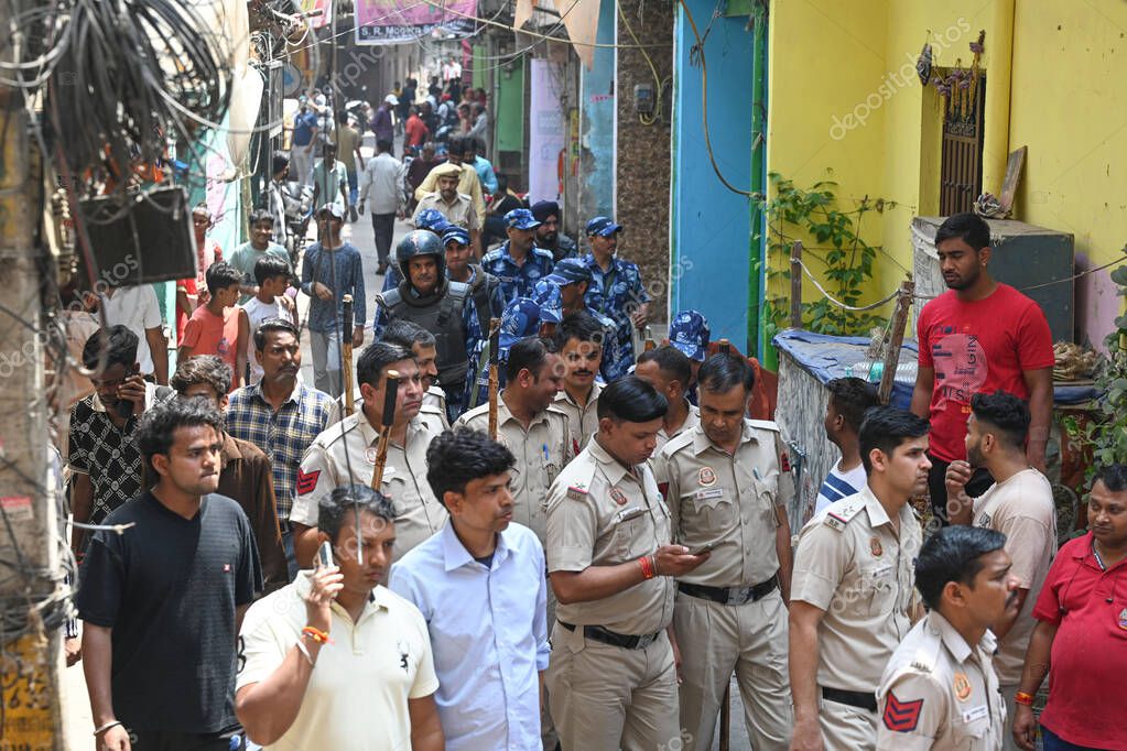 NEW DELHI INDIA APRIL 18 2025 Heavy Police force have been deployed in the area after 17 year old boy was stabbed to death in Seelampur on April 18 2025 in New Delhi India A 17 year old boy was brutally stabbed to death in J Block of New Seelampur in