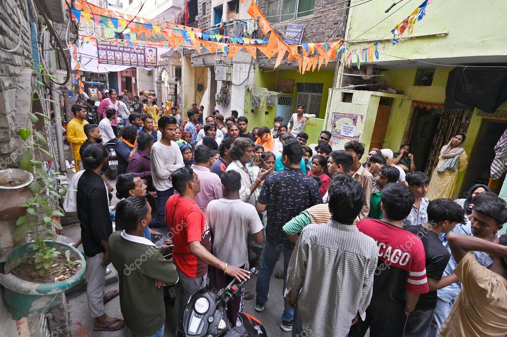 NEW DELHI INDIA APRIL 20 2025 Local Residents of Seelampur area protest against the death of a 17 year Old who was allegedly stabbed to death few days ago on April 20 2025 in New Delhi India According to police officials information about the stabbin