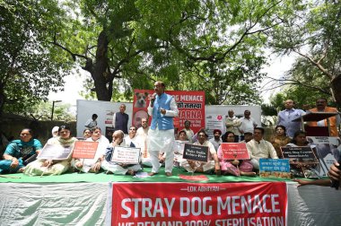 NEW DELHI, INDIA - APRIL 27: BJP lideri Vijay Goel ve RWA / STK temsilcileri, 27 Nisan 2025 tarihinde Jantar Mantar 'da sokak köpeği ısırığı olaylarının arttığını vurgulayan, yetkililerden daha güçlü eylem çağrısı yapan bir Dharna protestosu düzenlediler.