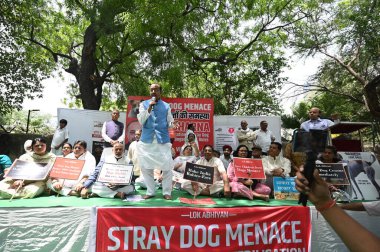 NEW DELHI, INDIA - APRIL 27: BJP lideri Vijay Goel ve RWA / STK temsilcileri, 27 Nisan 2025 tarihinde Jantar Mantar 'da sokak köpeği ısırığı olaylarının arttığını vurgulayan, yetkililerden daha güçlü eylem çağrısı yapan bir Dharna protestosu düzenlediler.