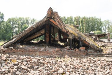 Auschwitz 2-Birkenau Gaz Odası ve Krematoryum kalıntıları. Gaz odası ve krematoryum II Haziran 1943 'ten Kasım 1944' e kadar işletilmiştir. Chambers II ve III yerin altındaydılar ve duşa benziyorlardı..