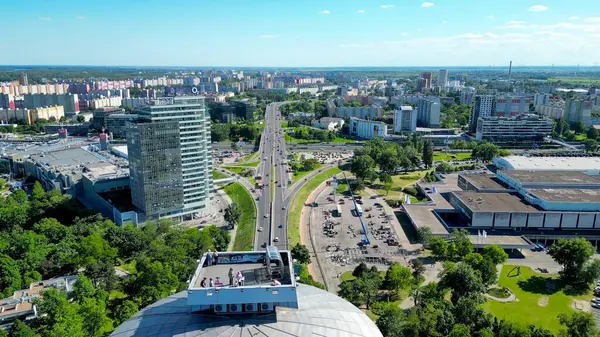 stock image Aerial drone photo of Most SNP-UFO Bridge. This historic bridge crosses the Danube River and is notable for its futuristic design and the UFO-shaped observation deck, offering panoramic views of the city.