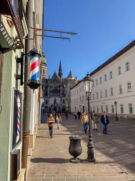 Kosice 'deki bir berber dükkanından St. Elizabeth Katedrali Manzarası