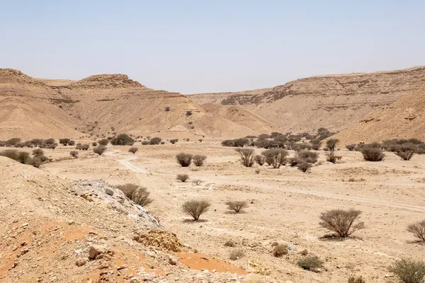 Suudi Arabistan 'ın Riyad yakınlarındaki çöl manzarası geniş ve açık arazi ve kaya oluşumlarını gösteriyor. Bu resim doğal manzaranın sessiz güzelliğini yakalar..