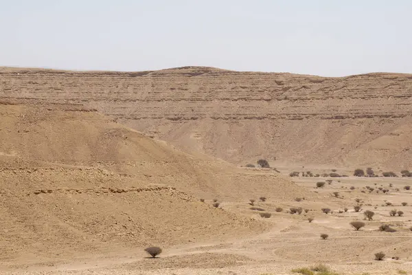 Suudi Arabistan 'ın Riyad yakınlarındaki çöl manzarası geniş ve açık arazi ve kaya oluşumlarını gösteriyor. Bu resim doğal manzaranın sessiz güzelliğini yakalar..