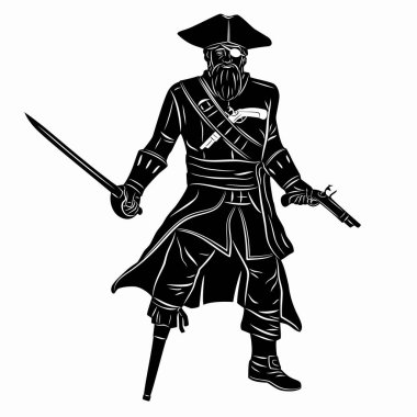 Ortaçağ Kaptan Korsan 'ının izole bir çizimi, siyah-beyaz vektör çizimi, beyaz arkaplan