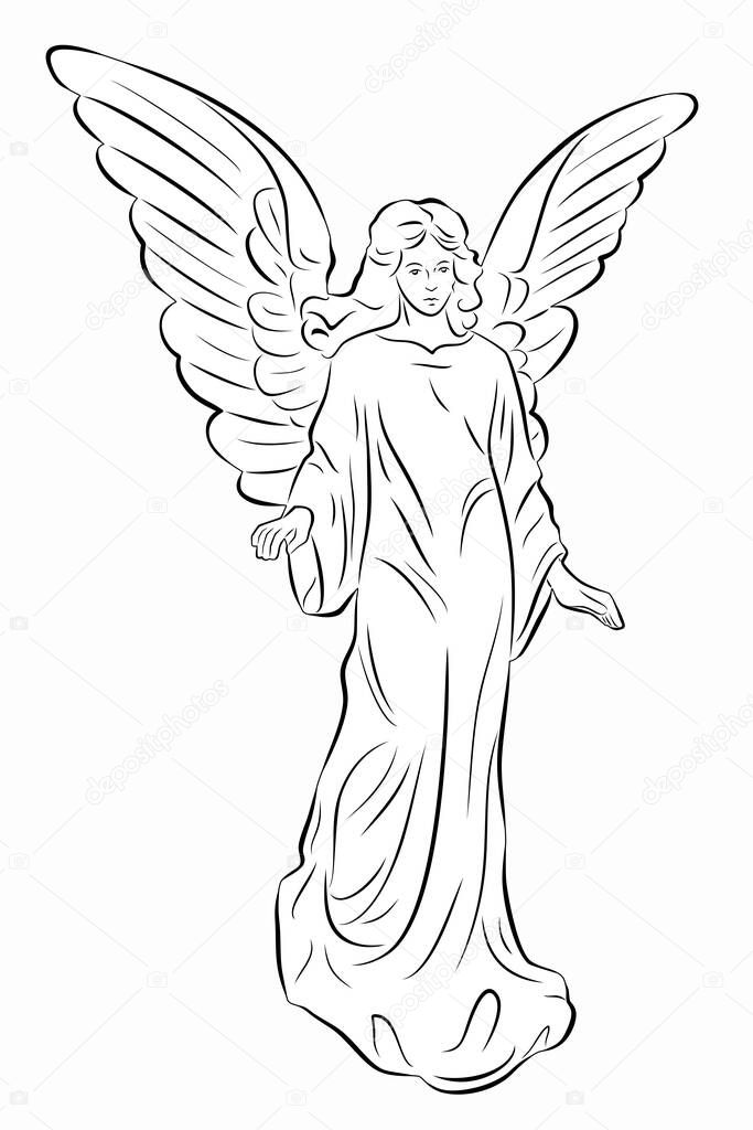 Isolated illustration of angel . black and white drawing, white background