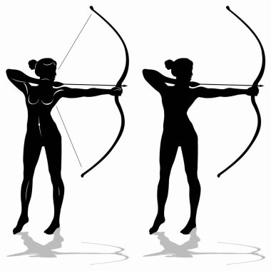 İzole edilmiş bir kadın silueti. Okçu, siyah beyaz çizim, beyaz arka plan.
