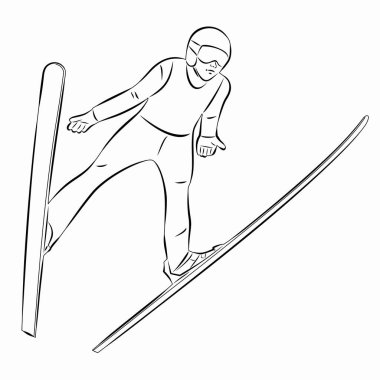 Bir kayakçının izole edilmiş bir çizimi. siyah ve beyaz vektör çizimi, beyaz arkaplan