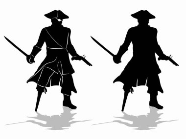 Ortaçağ kaptan korsanının izole edilmiş silueti, siyah ve beyaz vektör çizimi, beyaz arkaplan