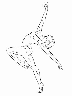 Dans eden bir kadının izole edilmiş resmi, siyah beyaz çizim, beyaz arka plan.