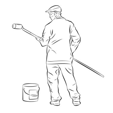 Bir işçinin izole bir çizimi - silindirli bir ressam, bir kova boya, siyah beyaz çizim, beyaz arka plan