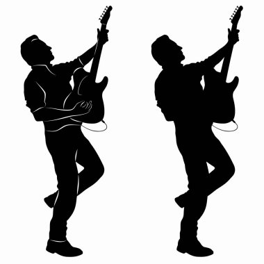Bir gitaristin izole edilmiş silueti, siyah ve beyaz vektör çizim seti, beyaz arkaplan
