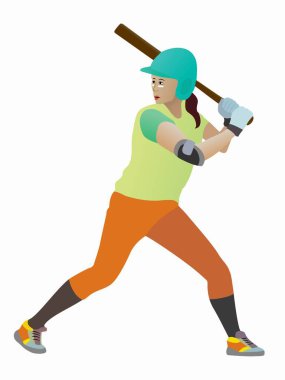 Bir softball kadın oyuncusunun izole çizimi, renkli vektör çizimi, beyaz arkaplan