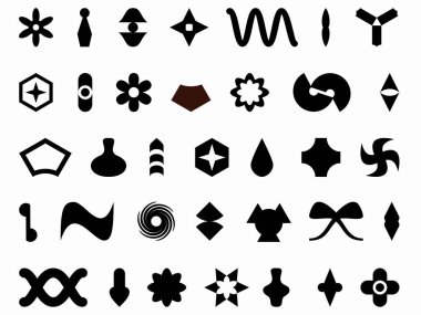 Çeşitli geometrik şekiller, siyah çizimler, beyaz arkaplan