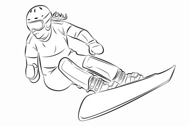 Bir kadın snowboardcu, siyah beyaz çizim, beyaz arkaplan