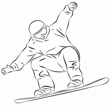 Bir snowboardcunun izole edilmiş resmi, siyah beyaz çizim, beyaz arkaplan
