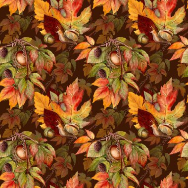 Sonbahar suluboya salyangoz ve kestane rengi kusursuz desen. Sonbahar akçaağaç yaprağı ve yaprakları ile el çizimi kahverengi arka plan. Botanik sonsuz duvar kağıdı ve tekstil tasarımı için mükemmel..