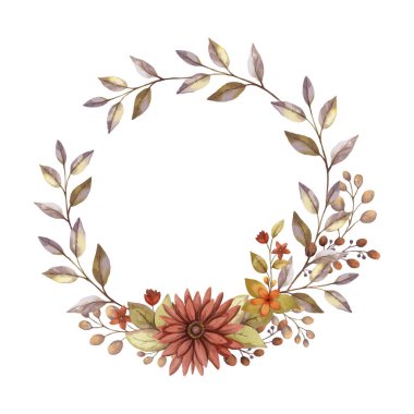 Aster suluboya ve yaprak dallı sonbahar çelengi. Kırsal tarzda kırmızı renkte el çizimi bir çiçek deseni. Sonbahar botanik daveti ve tebrik kartı tasarımı için mükemmel..