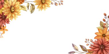 Sonbahar çiçekli, suluboya çiçekli ve yaprak dallı yatay vektör pankartı. Kırsal tarzda elle çizilmiş çiçekli bir şablon. Sonbahar botanik daveti ve tebrik kartı tasarımı için mükemmel..