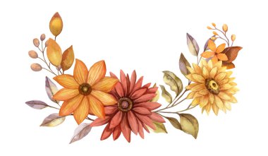 Sonbahar çiçeği suluboya Aster ve Ayçiçeği ile yarı yuvarlak vektör düzenleme. Sessiz renklerde el çizimi çiçek buketi. Sonbahar botanik daveti ve tebrik kartı tasarımı için mükemmel..