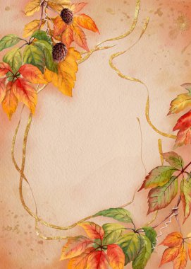 Sonbahar kartı, altın çizgili ve bej arkaplanlı dikey botanik resimleme şablonu. Detaylı canlı yapraklı el yapımı suluboya. Mevsimlik sonbahar davetiyesi ve tebrik kartı için ideal.