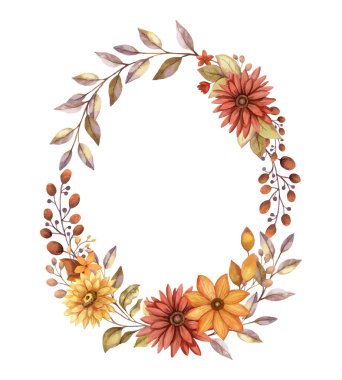 Oval çelenk taşıyıcı çiçeği suluboya Aster ve böğürtlen dalıyla birlikte. El çizimi turuncu çiçekli çerçeve, kırsal tarzda. Sonbahar botanik daveti ve tebrik kartı tasarımı için mükemmel..