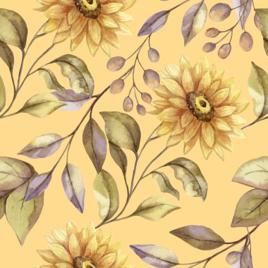 Sarı parlak arkaplanda yapraklar ve böğürtlenlerle ayçiçeği vektörünün pürüzsüz desenini takip et. El çizimi suluboya sonbahar çiçekli kumaş ve duvar kağıdı tasarımı için yeşil ve turuncu çizimler.