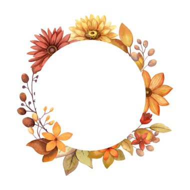 Sonbahar yuvarlak vektör çerçevesi suluboya çiçek, dal ve kopyalama uzayı. Kırsal tarzda el çizimi bir çiçek deseni. Sonbahar davetiyesi ve tebrik kartı tasarımı için mükemmel.