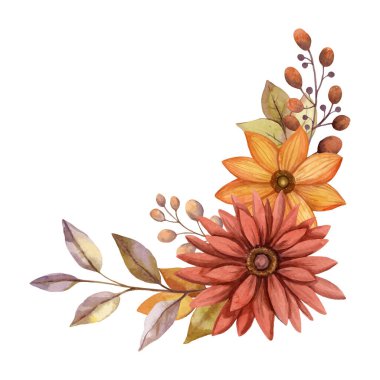 Sonbahar çiçeği suluboya vektör düzenini Dahlia ve Aster ile yap. Elle çizilmiş çiçek buketi, altın ve sessiz renklerle çiçek açıyor. Sonbahar botanik daveti ve tebrik kartı tasarımı için mükemmel..