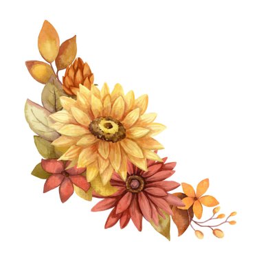 Sonbahar çiçeği suluboya vektör düzenleme Ayçiçeği ve Aster ile. Elle çizilmiş çiçek buketi altın ve soluk renklerle çiçeklenir. Sonbahar daveti ve tebrik kartı tasarımı için mükemmel.