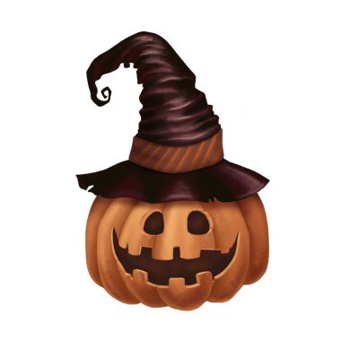 Karikatür tarzında komik turuncu balkabağı ve cadı şapkası. El çizimi Cadılar Bayramı tüyler ürpertici sevimli illüstrasyon. İzole edilmiş çizim, sonbahar grafikleri ve ürkütücü sezon kartı tasarımı için mükemmel..