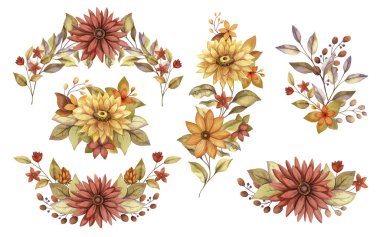 Set of fall flower watercolor arrangement with Sunflower and Dahlia. Hand drawn floral bouquet with bloom in golden and muted colors. Perfect for autumn botanical invitation and greeting card design. clipart