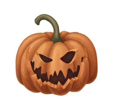 Karikatür tarzında korkunç turuncu balkabağı Jack O Lantern. El çizimi Cadılar Bayramı, sırıtarak ürkütücü, sevimli bir illüstrasyon. İzole edilmiş çizim, sonbahar grafikleri ve ürkütücü sezon kartı tasarımı için mükemmel..