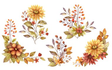 Ayçiçeği ve Aster ile sonbahar çiçeği suluboya düzenlemesi. Elle çizilmiş çiçek buketi altın ve soluk renklerle çiçeklenir. Sonbahar botanik daveti ve tebrik kartı tasarımları için mükemmel.