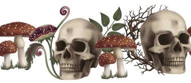 Cadılar Bayramı zehirli iksiri ve karikatür tarzında insan kafatası ile kusursuz sınır. El çizimi sonsuz karanlık bayram tasarımı. Sonbahar grafikleri ve ürkütücü sezon tebrik kartları için karanlık mistik kenar şablonu.