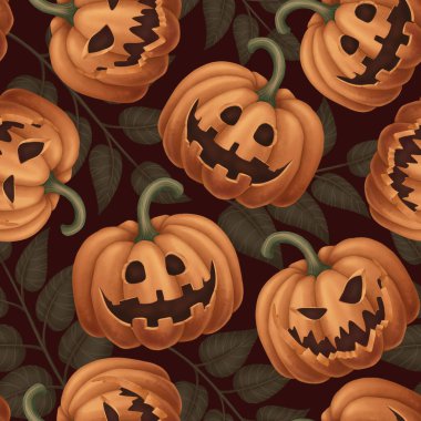 Çizgi film tarzında Jack o Lantern 'le kusursuz bir Cadılar Bayramı deseni. El çizimi sonsuz karanlık tatil arka plan tasarımı. Sonbahar tekstil ve ürkütücü sezonluk kağıt işçiliği için karanlık mistik doku yüzeyi.