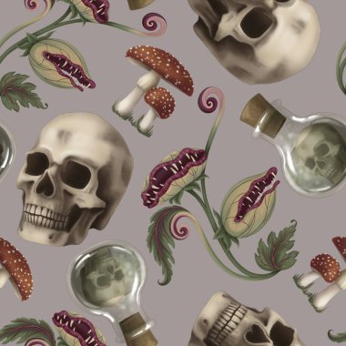 Çizgi film tarzında aşk ve ölüm iksiriyle kusursuz bir Cadılar Bayramı deseni. El çizimi sonsuz tatil arka plan tasarımı. Sonbahar tekstil ve ürkütücü sezonluk kağıt işçiliği için karanlık mistik doku yüzeyi.