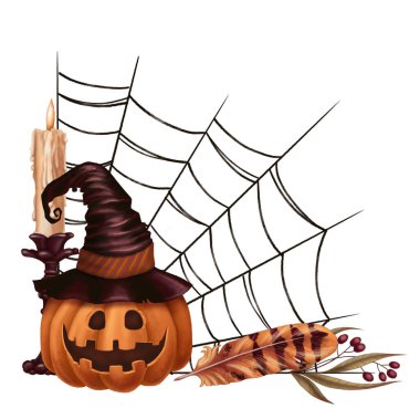 Jack O Lantern happy Halloween pumpkin in witch hat. Hand drawn cute illustration with spider web in cartoon style. Isolated drawing perfect for autumn graphic and spooky season greeting card design. clipart