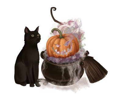 Kara kedi kazanı ve Cadılar Bayramı kabağı esmer kompozisyonu. Çizgi film tarzında el çizimi korkunç çizimler. İzole edilmiş çizim sonbahar grafikleri ve ürkütücü sezon tebrik kartı tasarımı için mükemmel..