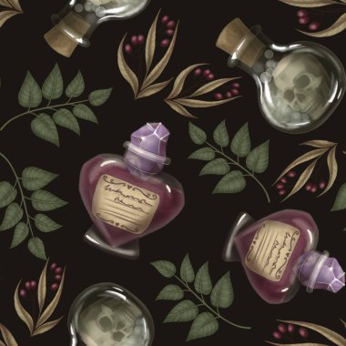 Çizgi film tarzında aşk ve ölüm iksiriyle kusursuz bir Cadılar Bayramı deseni. El çizimi sonsuz tatil arka plan tasarımı. Sonbahar tekstil ve ürkütücü sezonluk kağıt işçiliği için karanlık mistik doku yüzeyi.