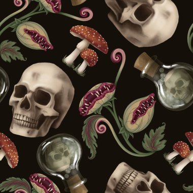 Çizgi film tarzında aşk ve ölüm iksiriyle kusursuz bir Cadılar Bayramı deseni. El çizimi sonsuz tatil arka plan tasarımı. Sonbahar tekstil ve ürkütücü sezonluk kağıt işçiliği için karanlık mistik doku yüzeyi.