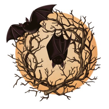 Çizgi film tarzında uyuyan, uçan yarasa ve ay ile Cadılar Bayramı kompozisyonunu çember yapın. Elle çizilmiş koyu renk çizimler. İzole edilmiş çizim sonbahar grafikleri ve ürkütücü sezon tebrik kartı tasarımı için mükemmel..