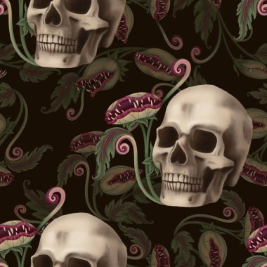 Çizgi film tarzında etobur bitki ve kafatası ile Cadılar Bayramı kusursuz desen. El çizimi sonsuz tatil arka plan tasarımı. Sonbahar tekstil ve ürkütücü sezon kağıt işleri için mistik doku yüzeyi.