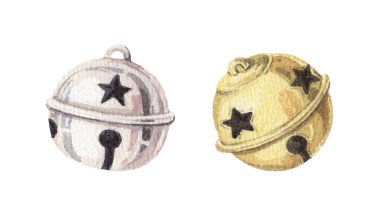 Altın ve gümüş çanlar Noel metalik süsü seti. Ev dekorunun elle çizilmiş suluboya kış çizimi. Xmas grafik ve geleneksel tebrik kartı tasarımı için izole edilmiş çizim.