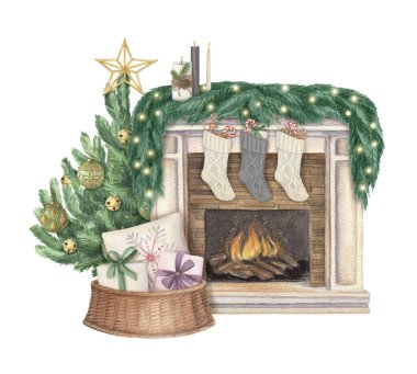 Şöminenin sıcacık Noel sahnesi ve süslü Noel ağacı. Ev dekorunun elle çizilmiş suluboya kış çizimi. Geleneksel grafik ve tebrik kartı tasarımı için mevsimsel izole çizim.